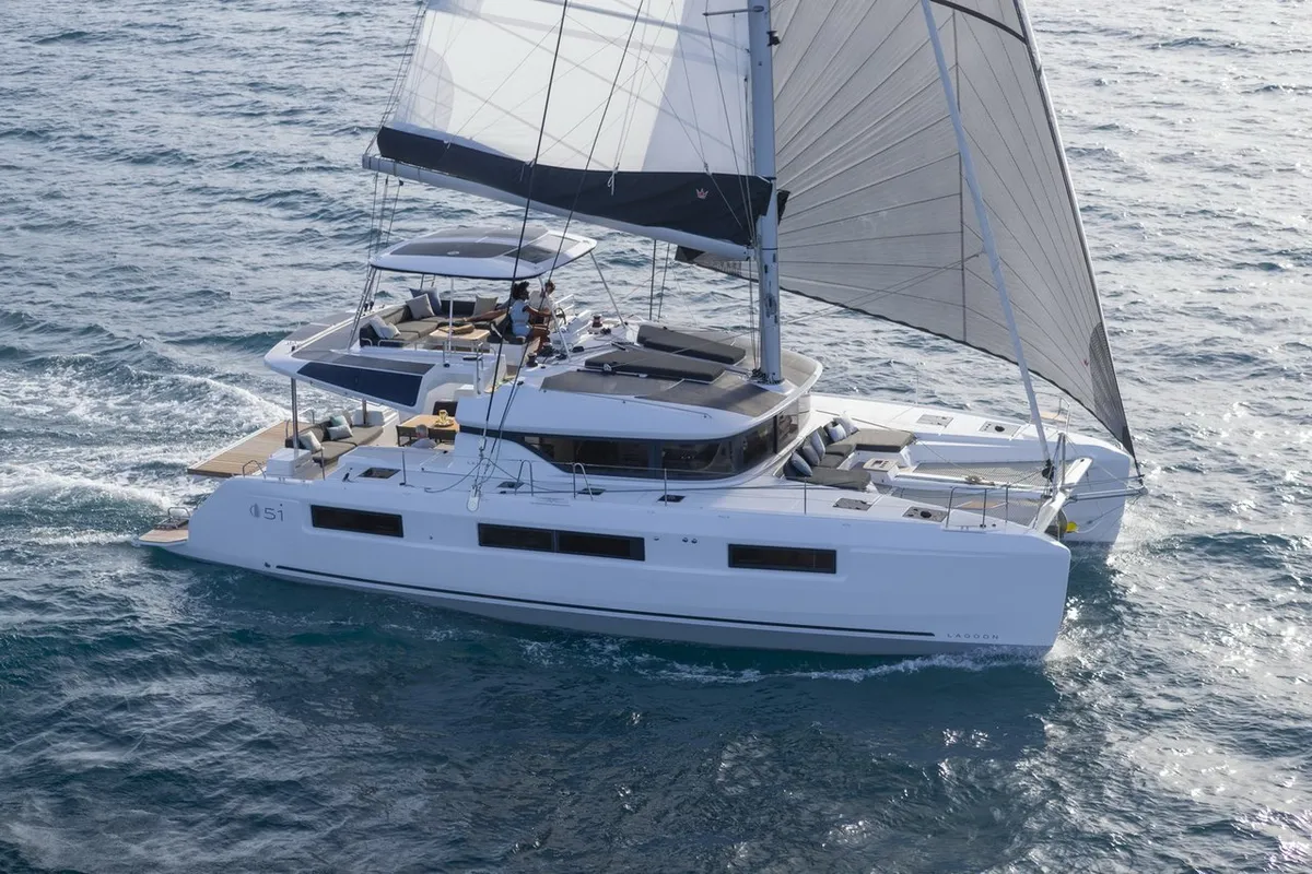 Exterior view of Mythos, a Lagoon 51 catamaran at Lavreotiki Municipal Unit, Greece