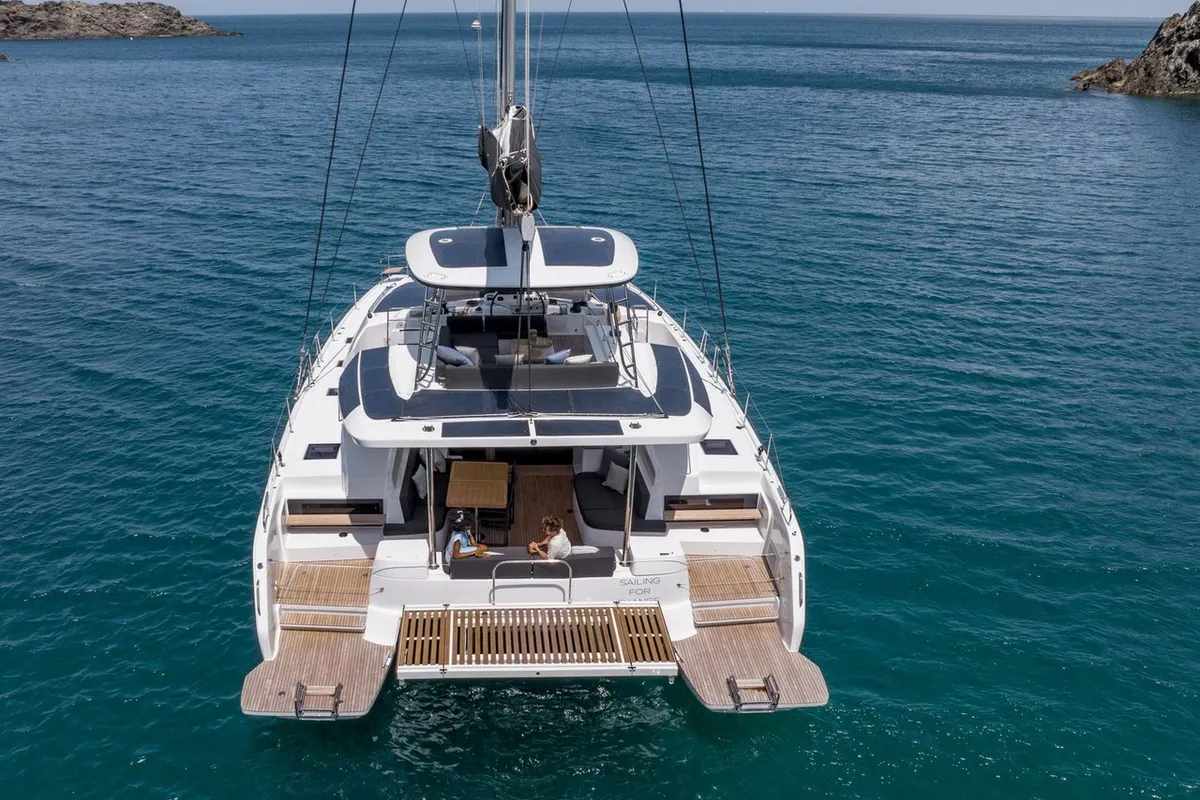 Exterior view of Mythos, a Lagoon 51 catamaran at Lavreotiki Municipal Unit, Greece
