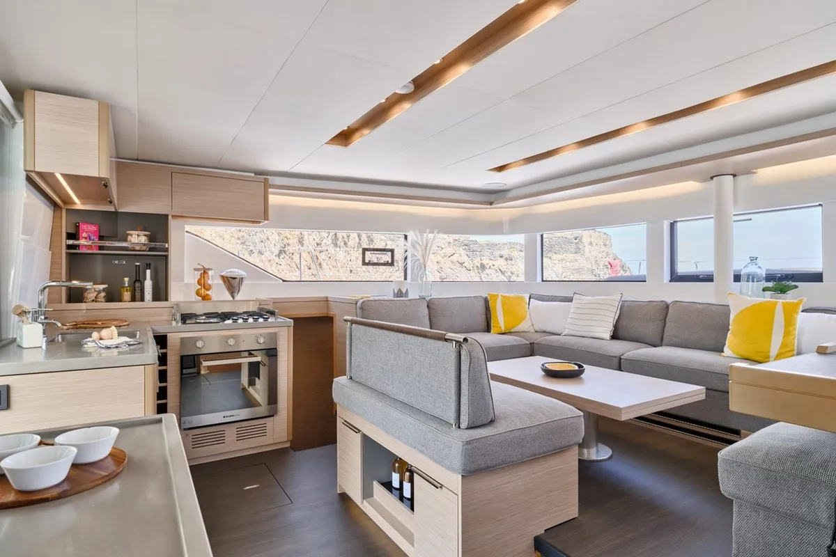Salon of Mythos, a Lagoon 51 catamaran at Lavreotiki Municipal Unit, Greece