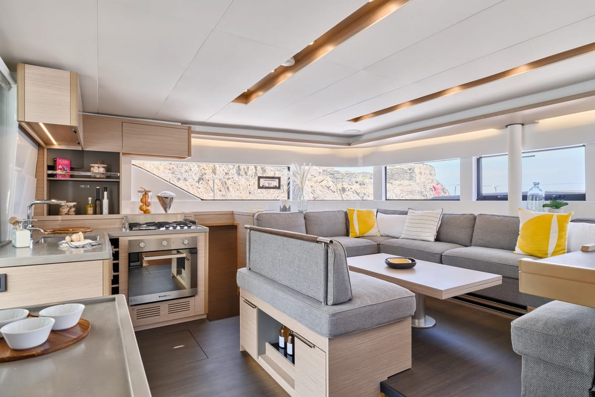 Salon of Mythos, a Lagoon 51 catamaran at Lavreotiki Municipal Unit, Greece