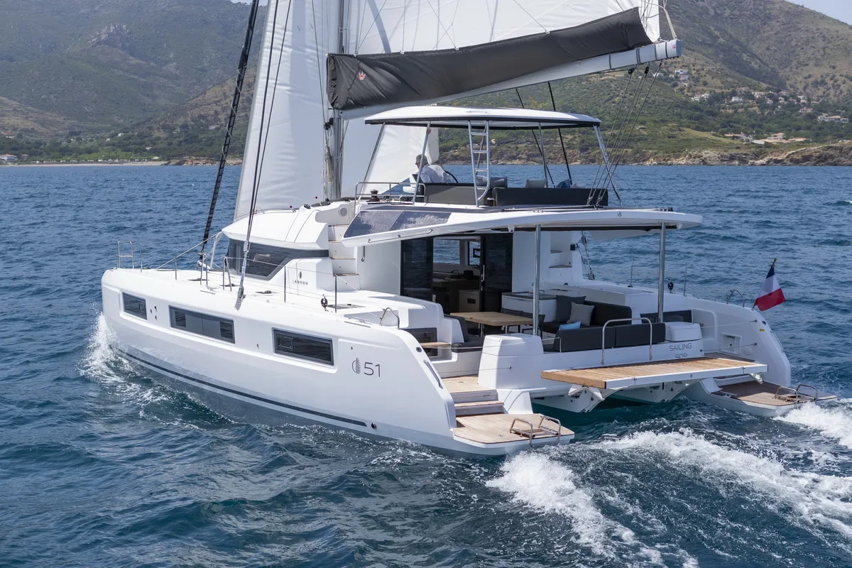 Exterior view of Mythos, a Lagoon 51 catamaran at Lavreotiki Municipal Unit, Greece