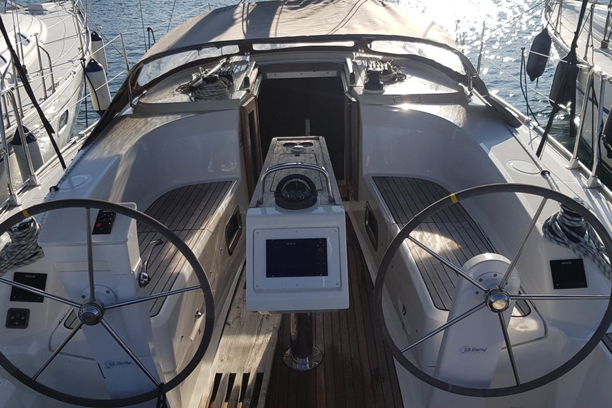 Cockpit of Theia, a Bavaria Cruiser 34 sailboat at Punat, Croatia