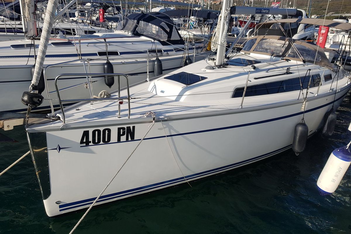 Exterior view of Theia, a Bavaria Cruiser 34 sailboat at Punat, Croatia