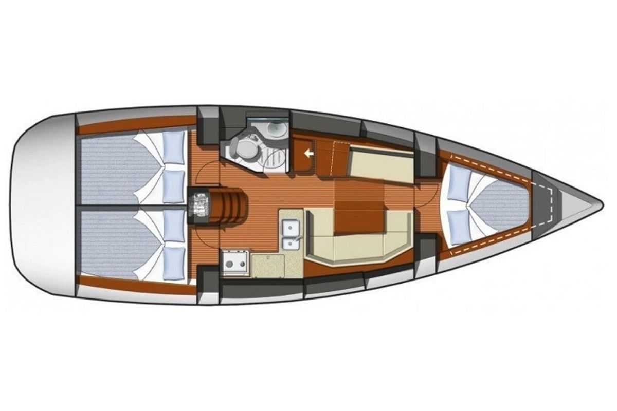 Cabin on Candy, a Jeanneau Sun Odyssey 36i sailboat at Municipal Unit of Megara, Greece