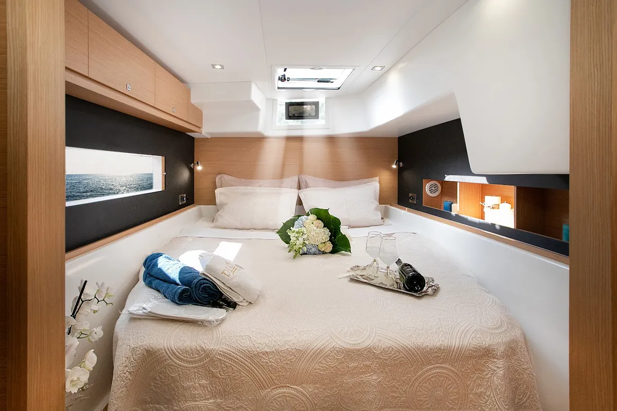 Cabin on Diva, a Dufour 48 Catamaran catamaran at Athens, Greece