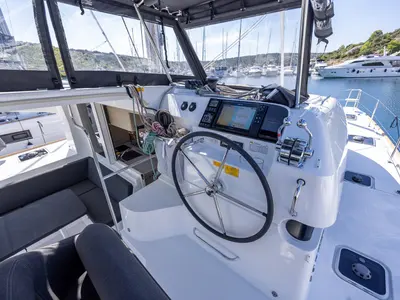 Cockpit of Conch, a Lagoon 40 catamaran at Primošten, Croatia