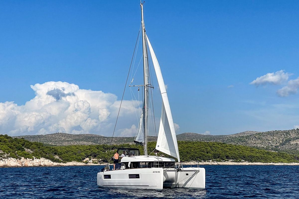 Exterior view of Conch, a Lagoon 40 catamaran at Primošten, Croatia