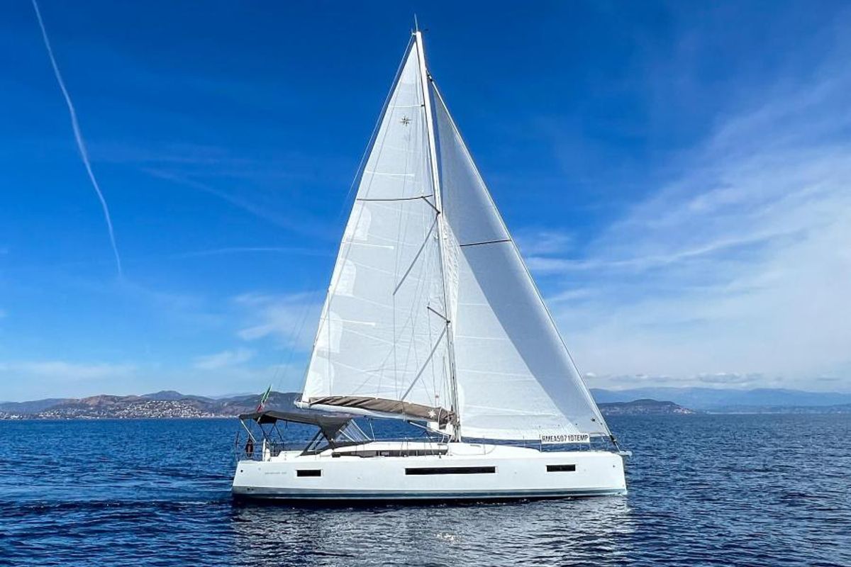 Exterior view of Melusina, a Jeanneau Sun Odyssey 490 sailboat at Olbia, Italy