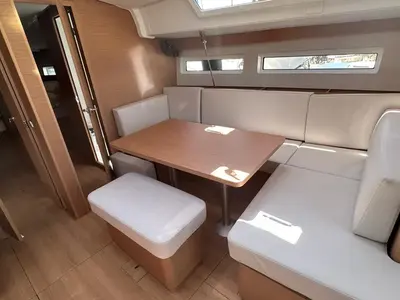 Salon of Melusina, a Jeanneau Sun Odyssey 490 sailboat at Olbia, Italy