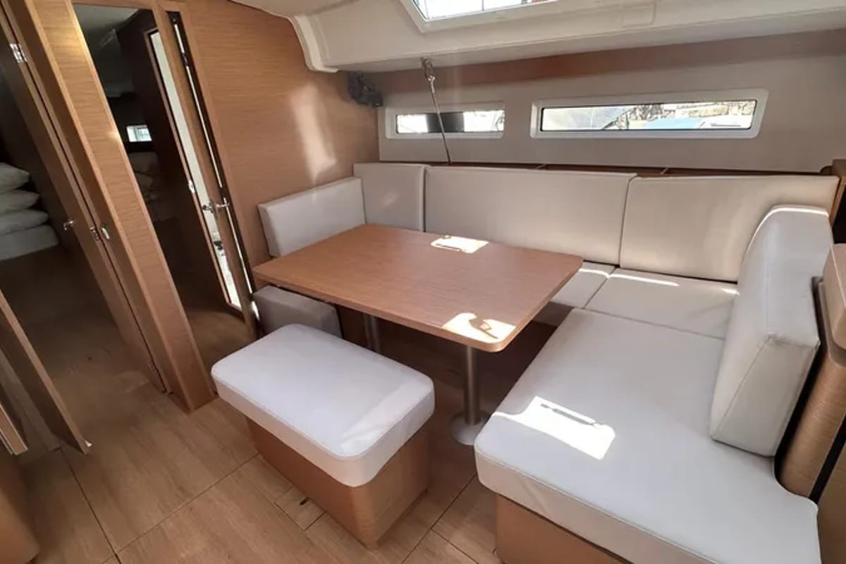 Salon of Melusina, a Jeanneau Sun Odyssey 490 sailboat at Olbia, Italy