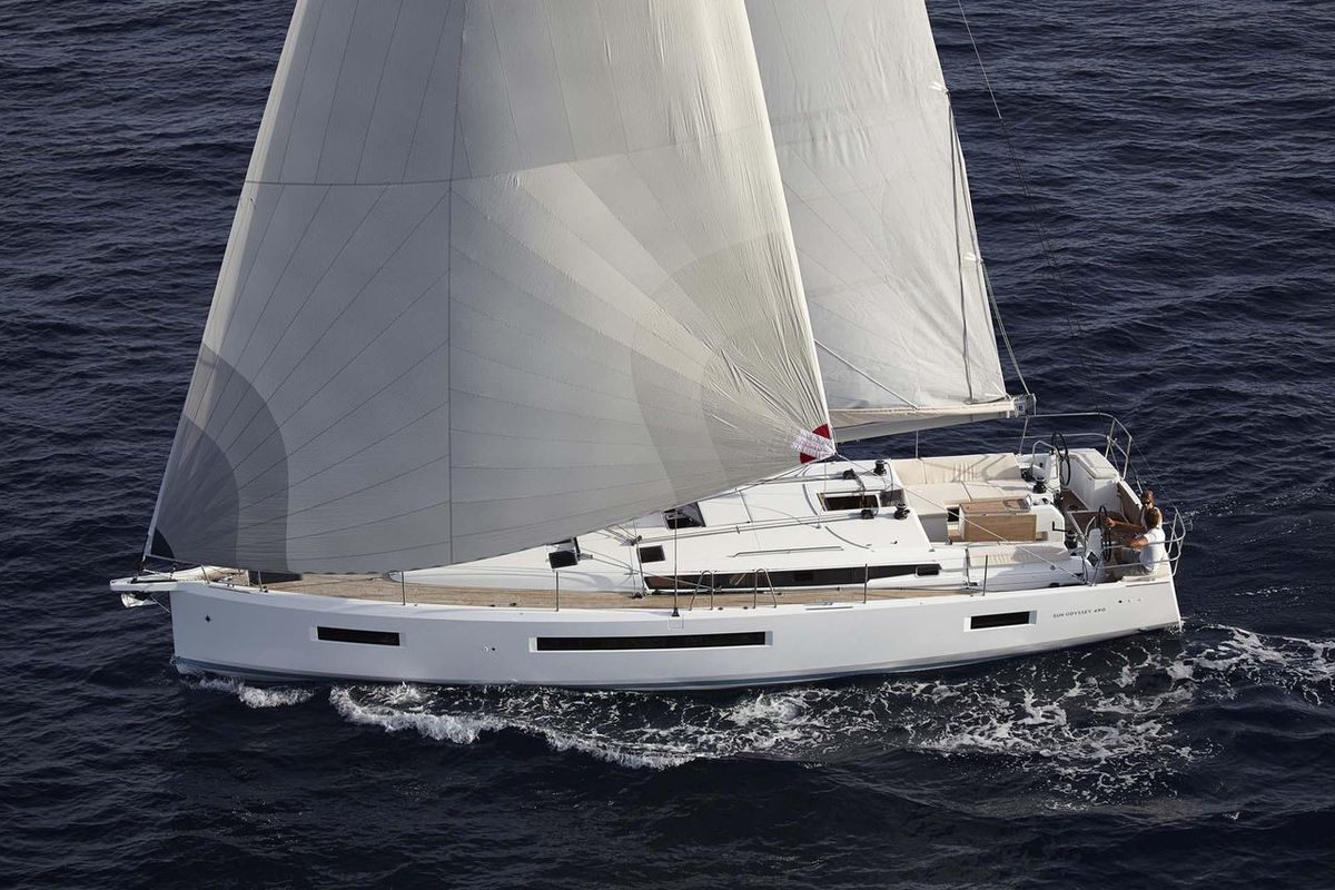 Exterior view of Melusina, a Jeanneau Sun Odyssey 490 sailboat at Olbia, Italy
