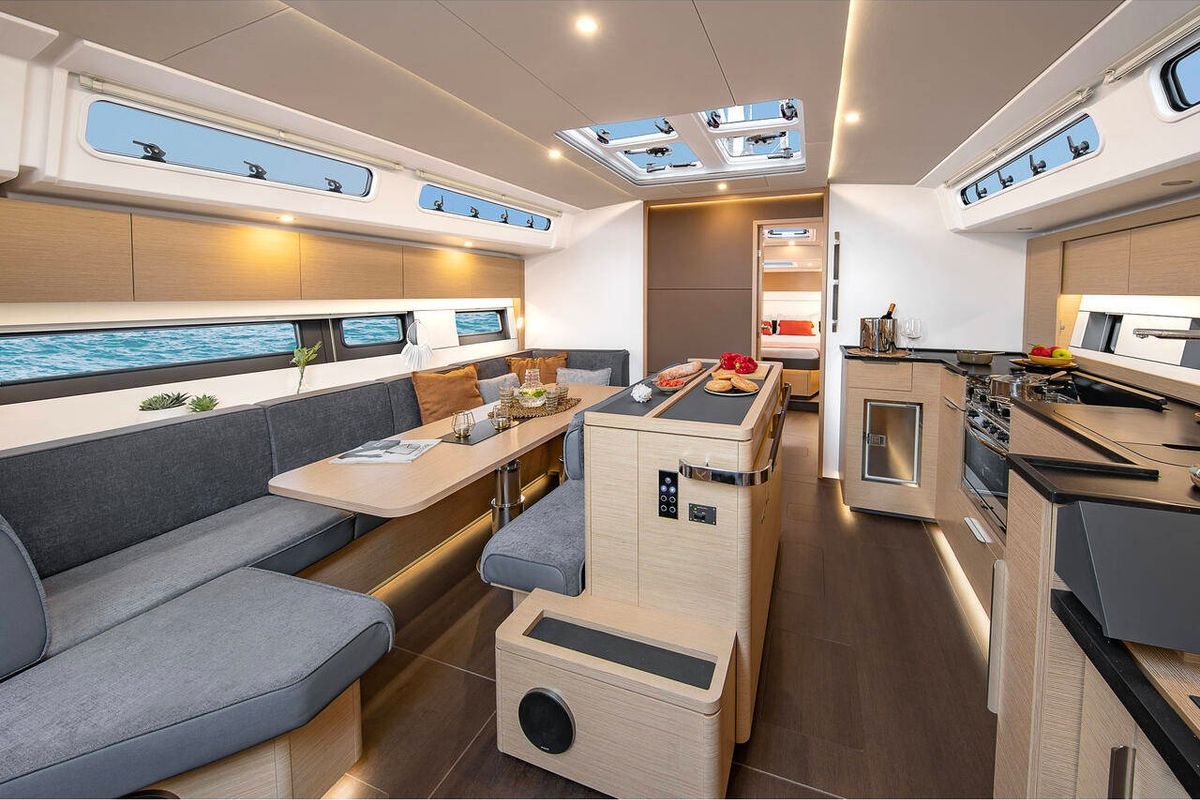 Salon of Zagal, a Hanse Yachts Hanse 510 sailboat at Ibiza, Spain