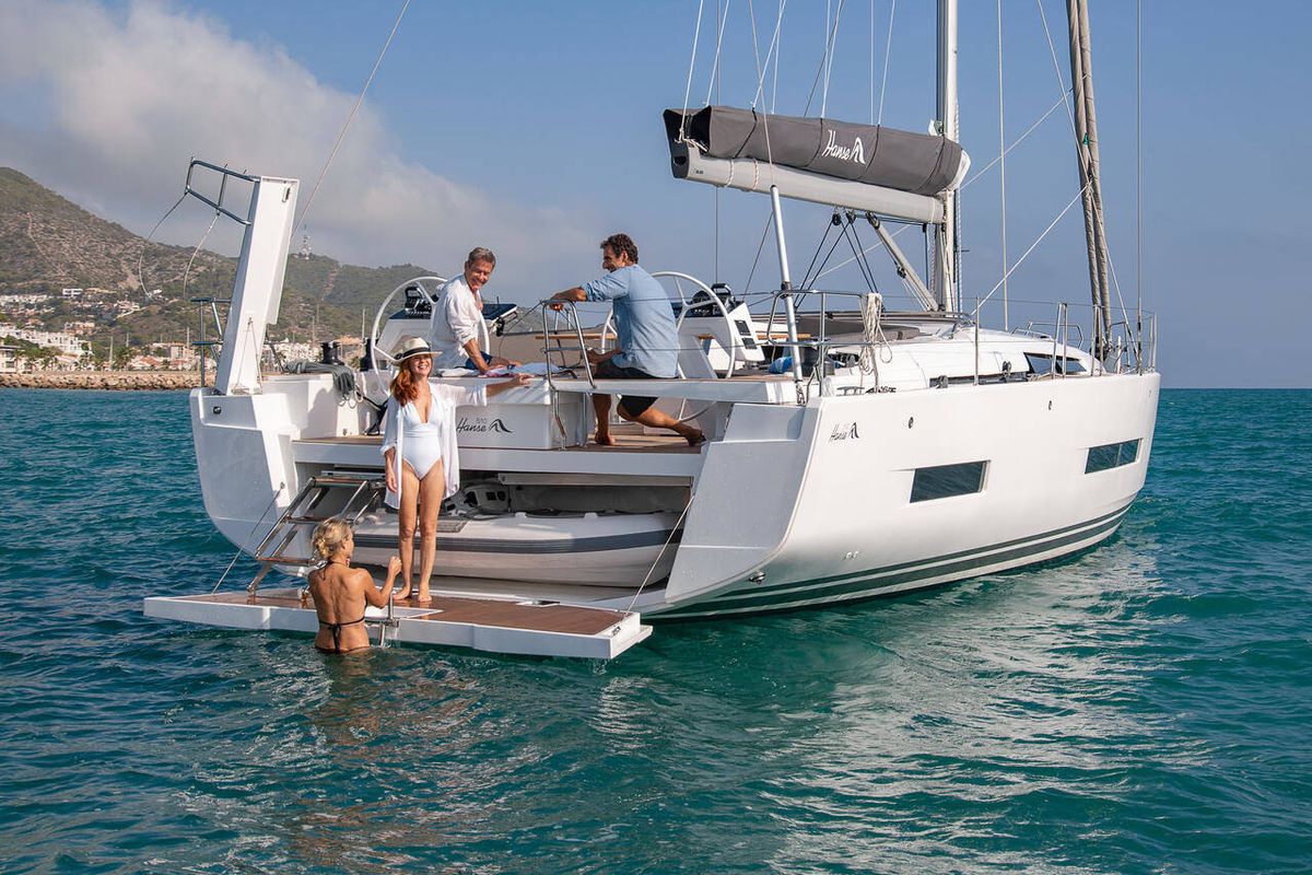 Exterior view of Zagal, a Hanse Yachts Hanse 510 sailboat at Ibiza, Spain