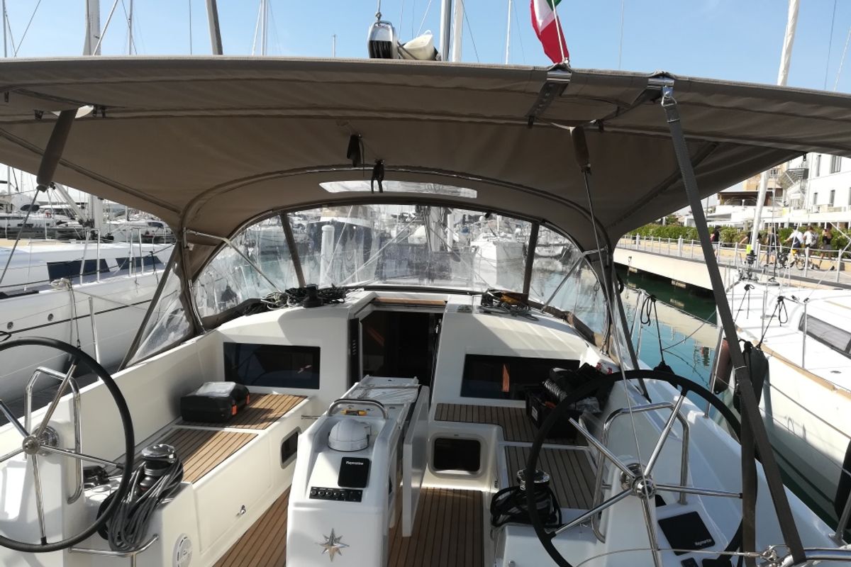 Cockpit of Frenetica, a Jeanneau Sun Odyssey 440 sailboat at San Vincenzo, Italy