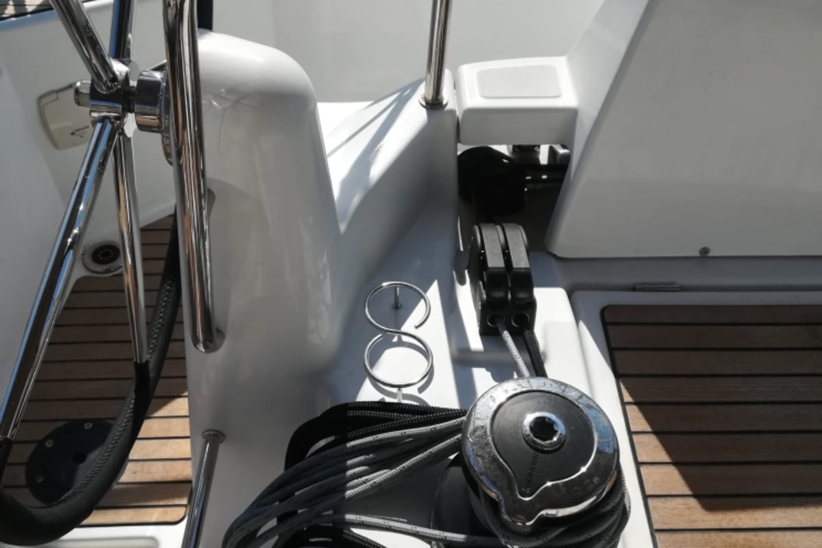 Cockpit of Frenetica, a Jeanneau Sun Odyssey 440 sailboat at San Vincenzo, Italy
