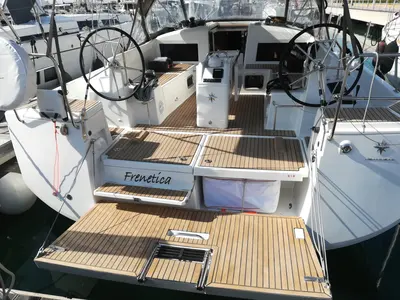 Cockpit of Frenetica, a Jeanneau Sun Odyssey 440 sailboat at San Vincenzo, Italy