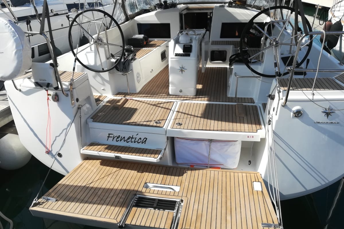 Cockpit of Frenetica, a Jeanneau Sun Odyssey 440 sailboat at San Vincenzo, Italy