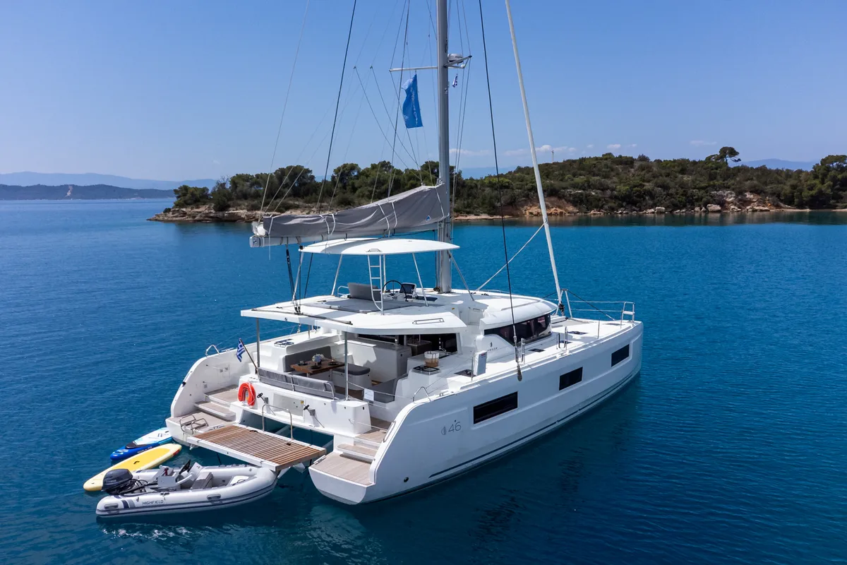Exterior view of M&M, a Lagoon 46 catamaran at Municipal Unit of Kranidi, Greece