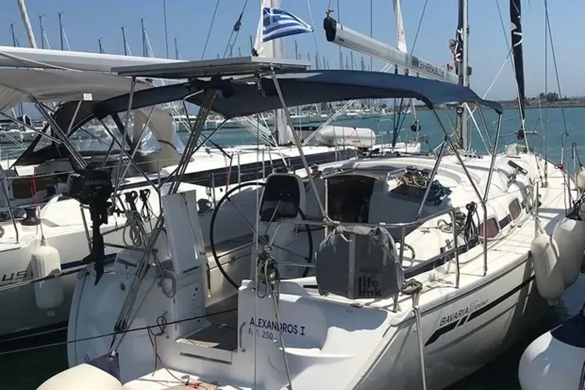 Exterior view of Alexandros I, a Bavaria 37 sailboat at Municipal Unit of Lefkada, Greece