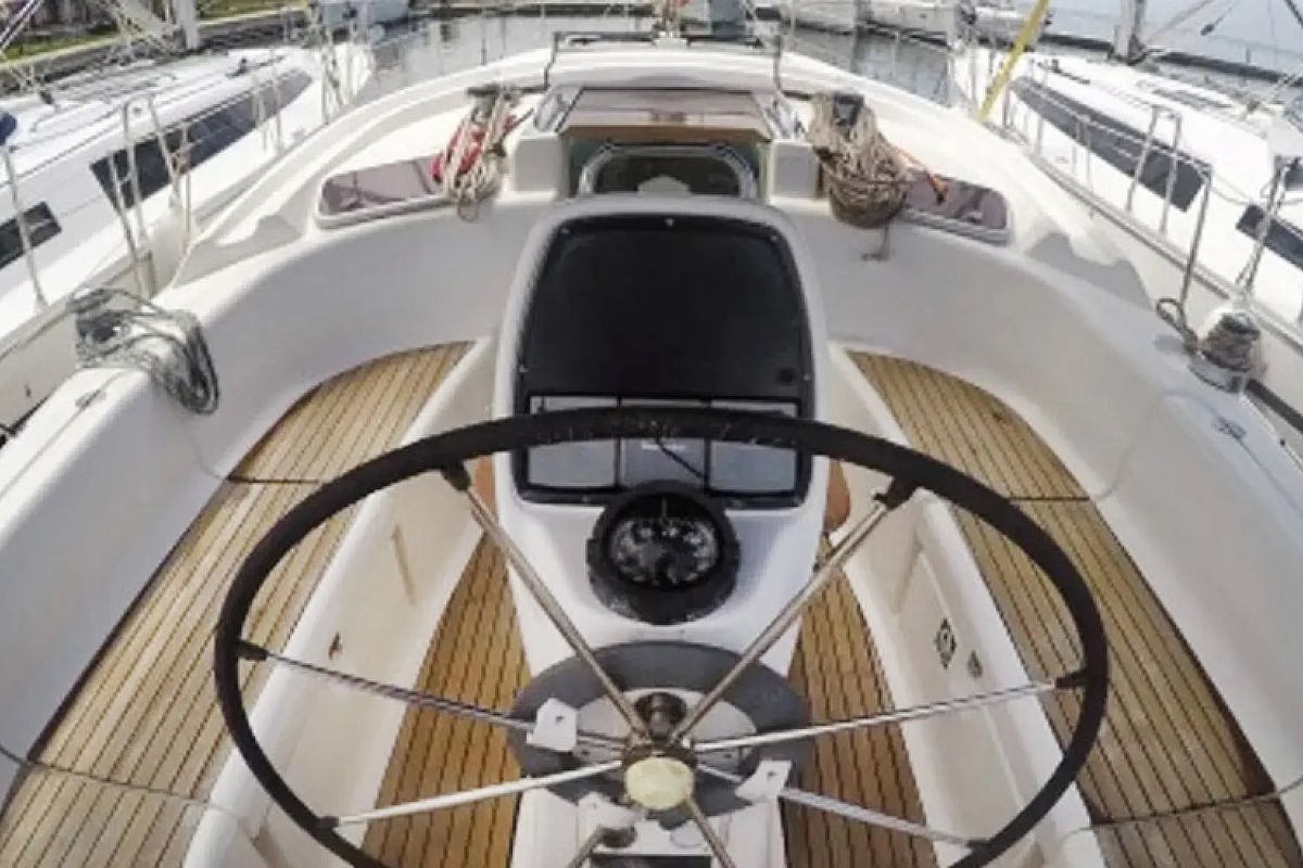 Cockpit of Alexandros I, a Bavaria 37 sailboat at Municipal Unit of Lefkada, Greece