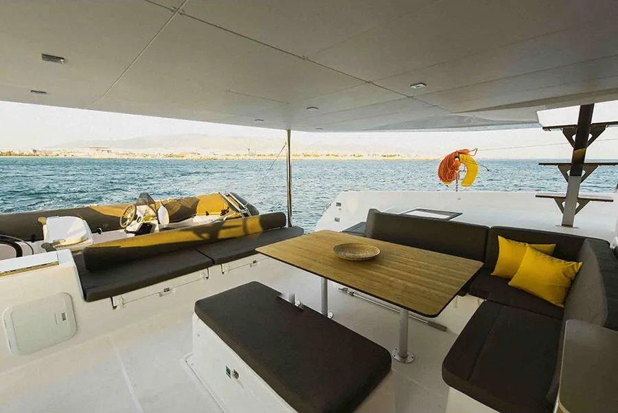 Deck of Barchetta VII, a Dufour Catamaran 48 catamaran at Piraeus, Greece