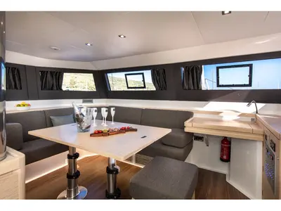 Salon of Barchetta VII, a Dufour Catamaran 48 catamaran at Piraeus, Greece