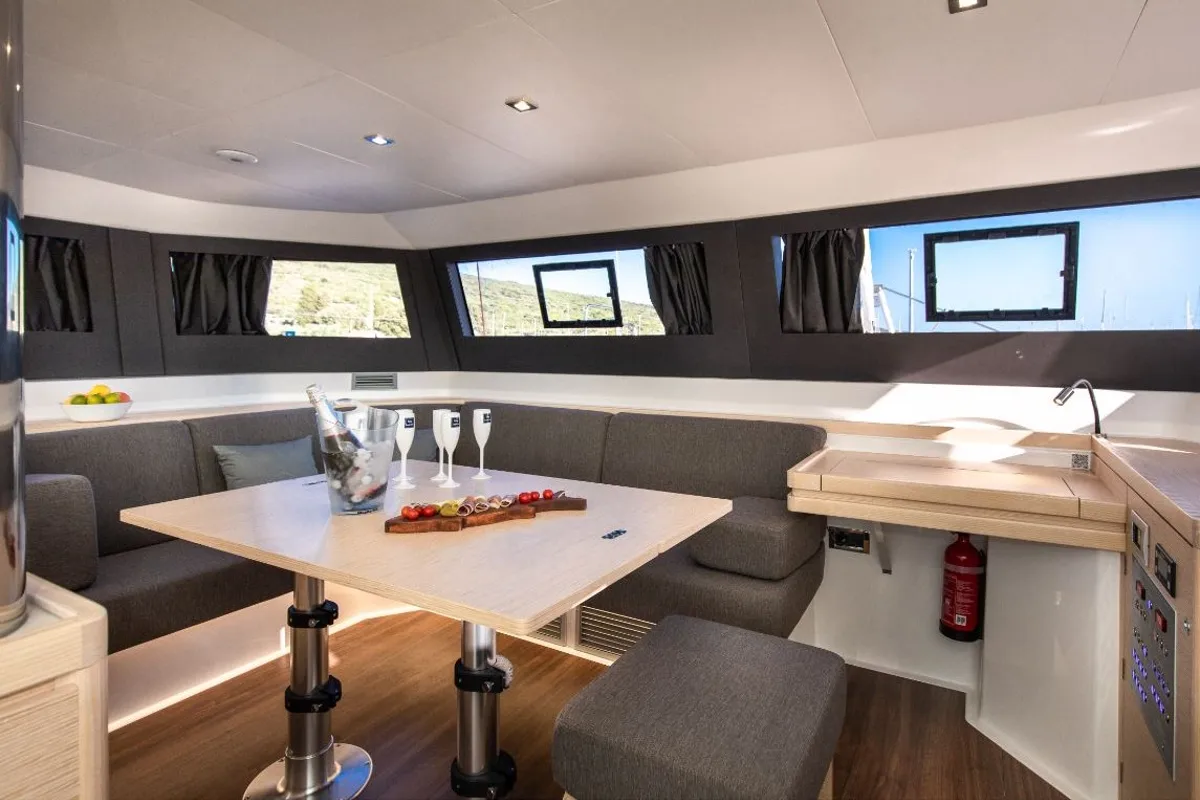 Salon of Barchetta VII, a Dufour Catamaran 48 catamaran at Piraeus, Greece