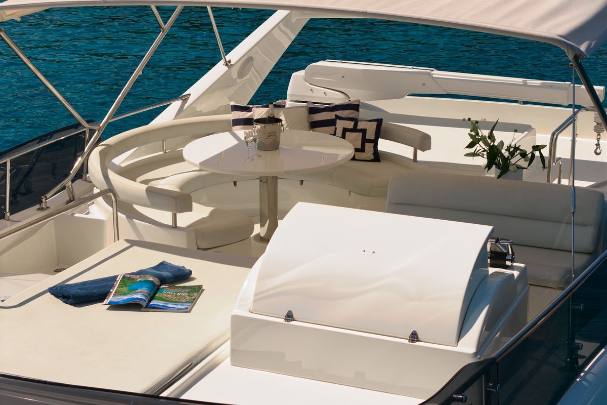 Deck of Dominique, a Ferretti 681 yacht at Zadar, Croatia