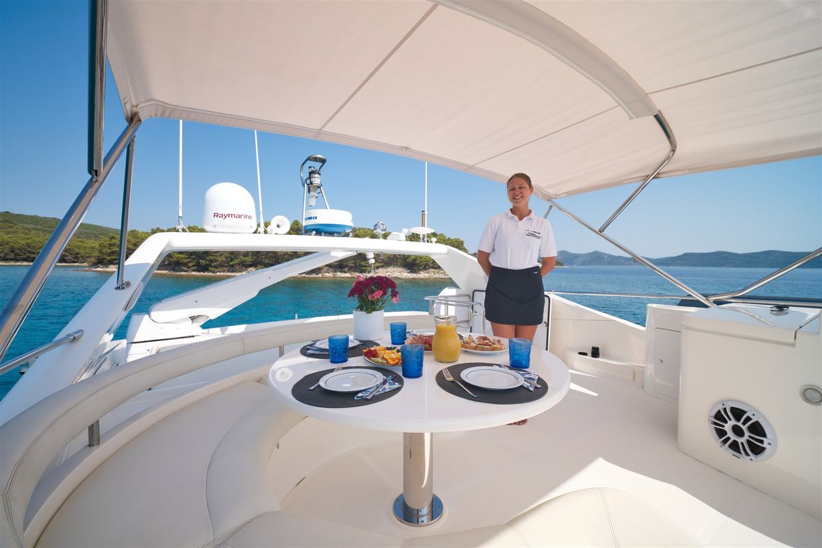 Deck of Dominique, a Ferretti 681 yacht at Zadar, Croatia