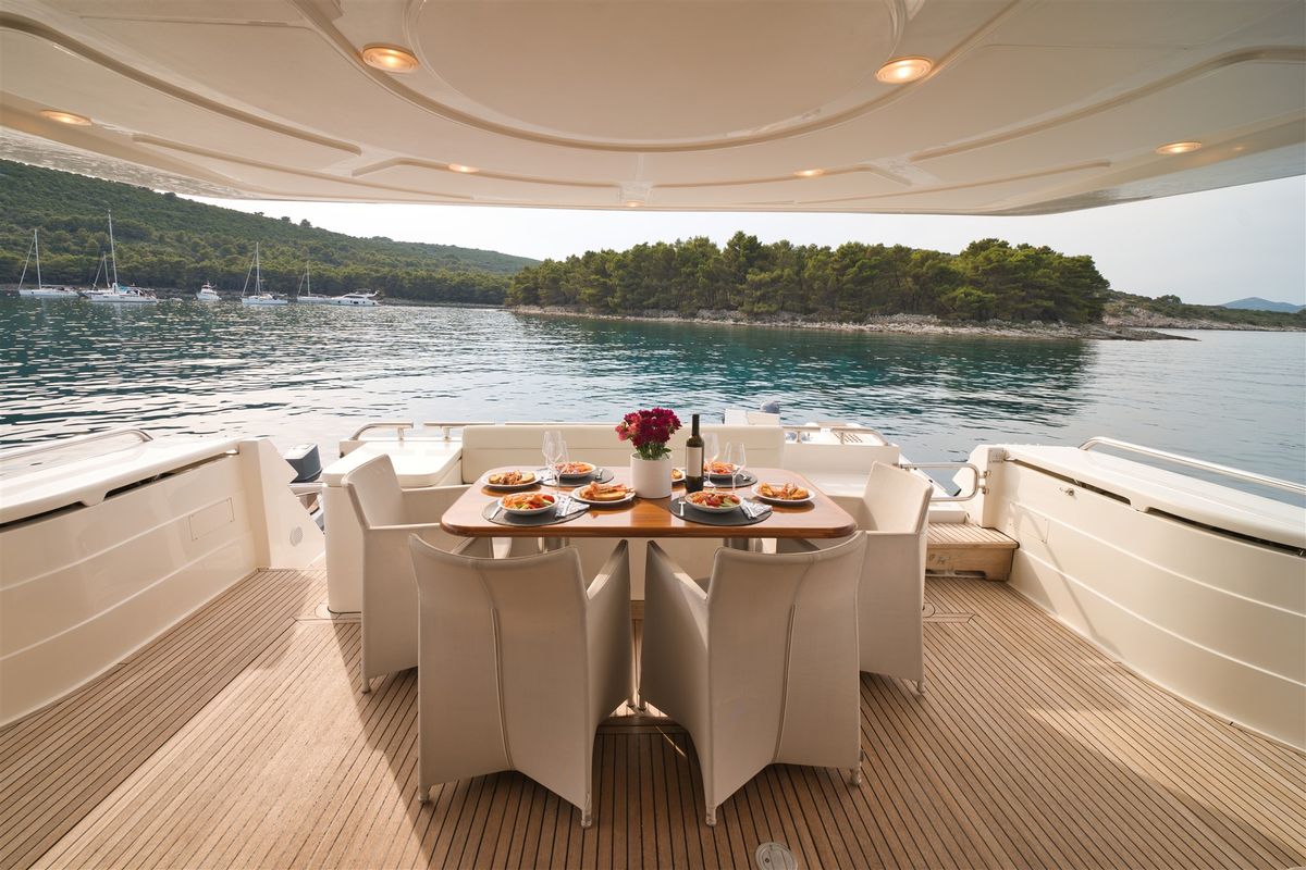 Deck of Dominique, a Ferretti 681 yacht at Zadar, Croatia