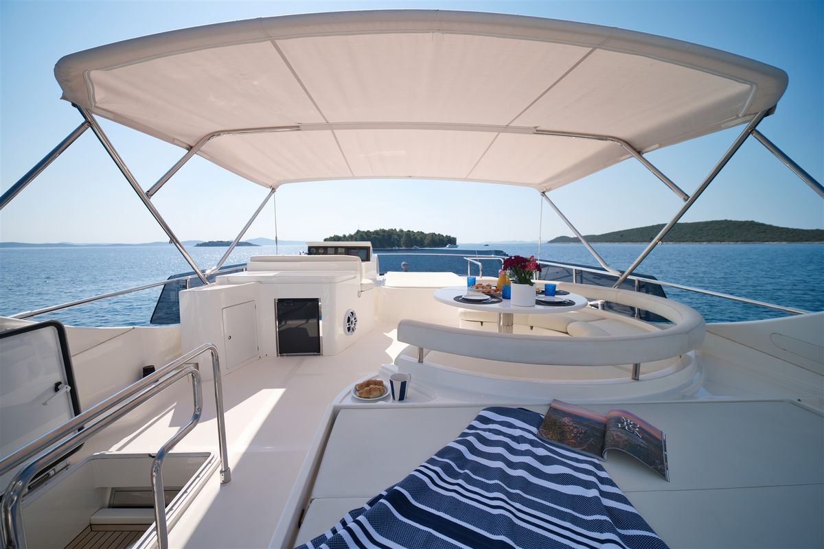 Deck of Dominique, a Ferretti 681 yacht at Zadar, Croatia