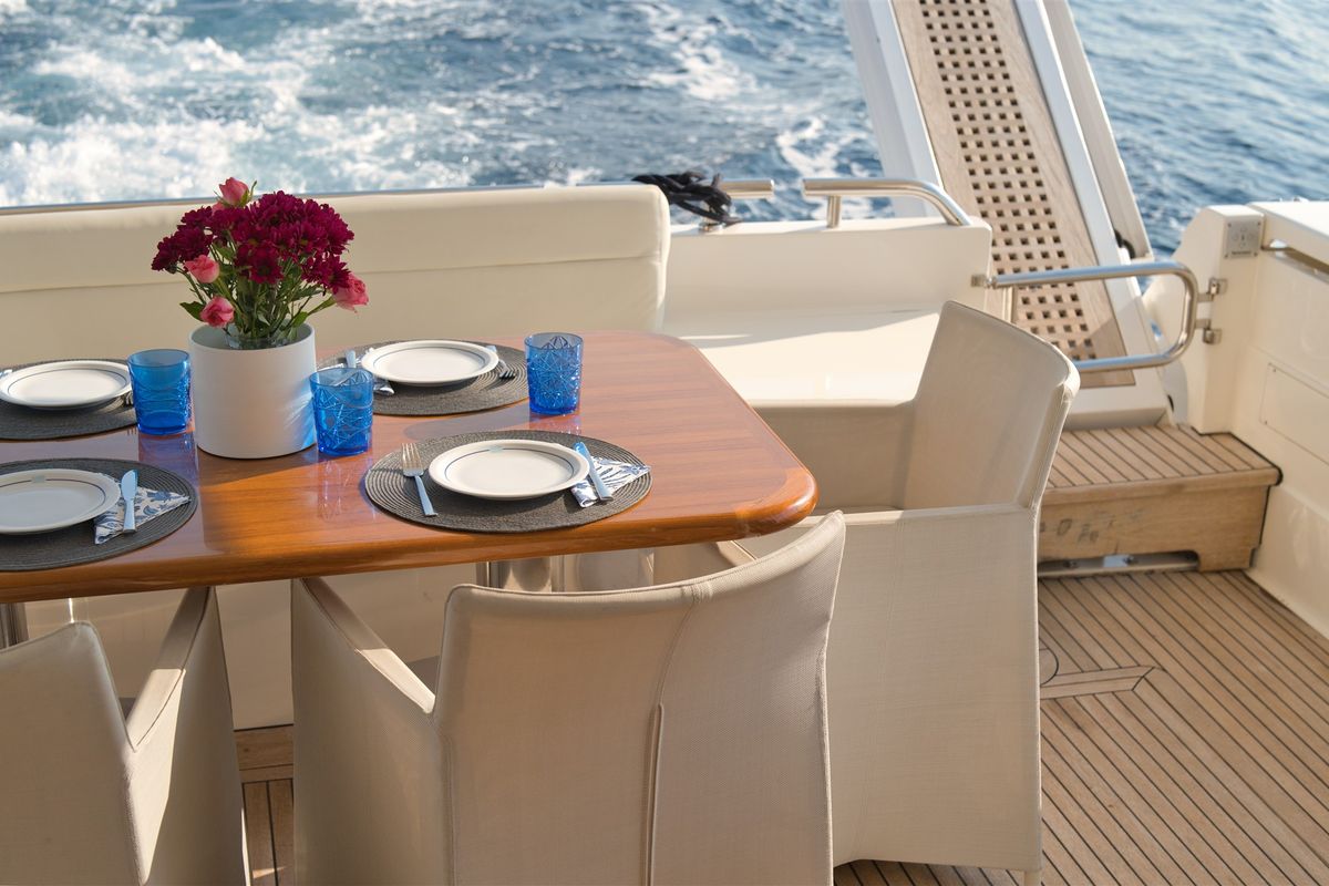 Deck of Dominique, a Ferretti 681 yacht at Zadar, Croatia