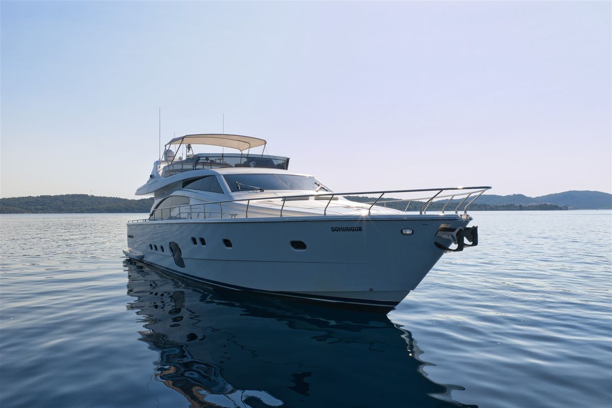Exterior view of Dominique, a Ferretti 681 yacht at Zadar, Croatia
