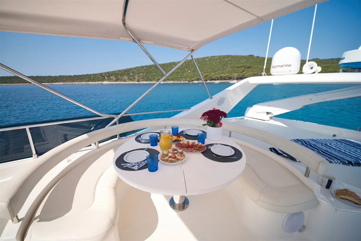 Deck of Dominique, a Ferretti 681 yacht at Zadar, Croatia