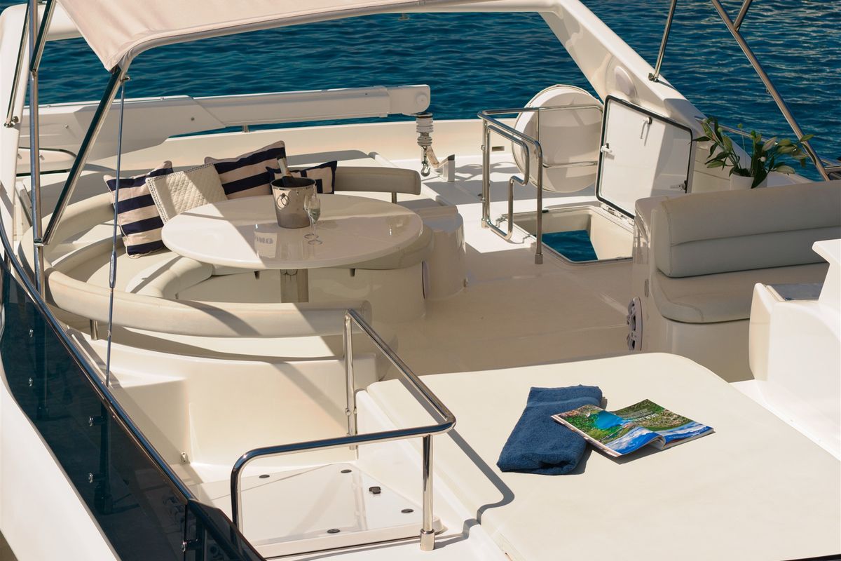 Deck of Dominique, a Ferretti 681 yacht at Zadar, Croatia
