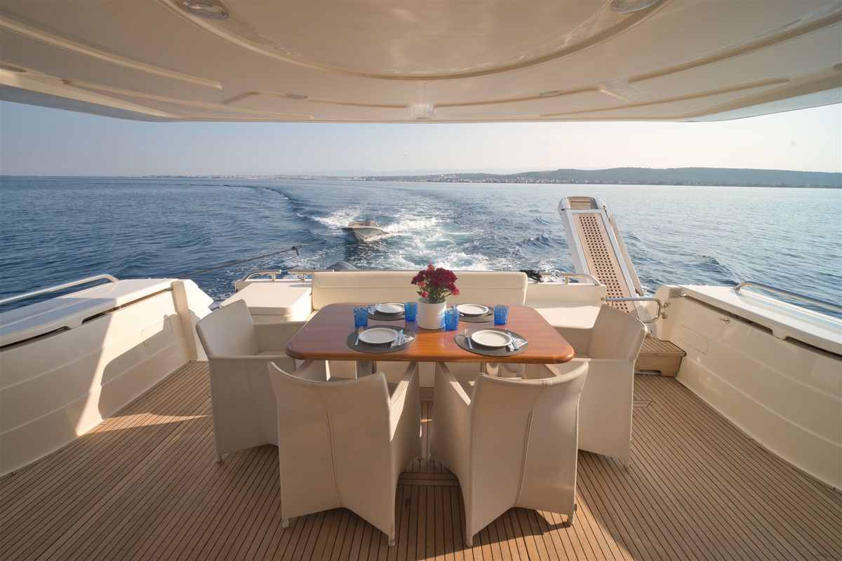 Deck of Dominique, a Ferretti 681 yacht at Zadar, Croatia