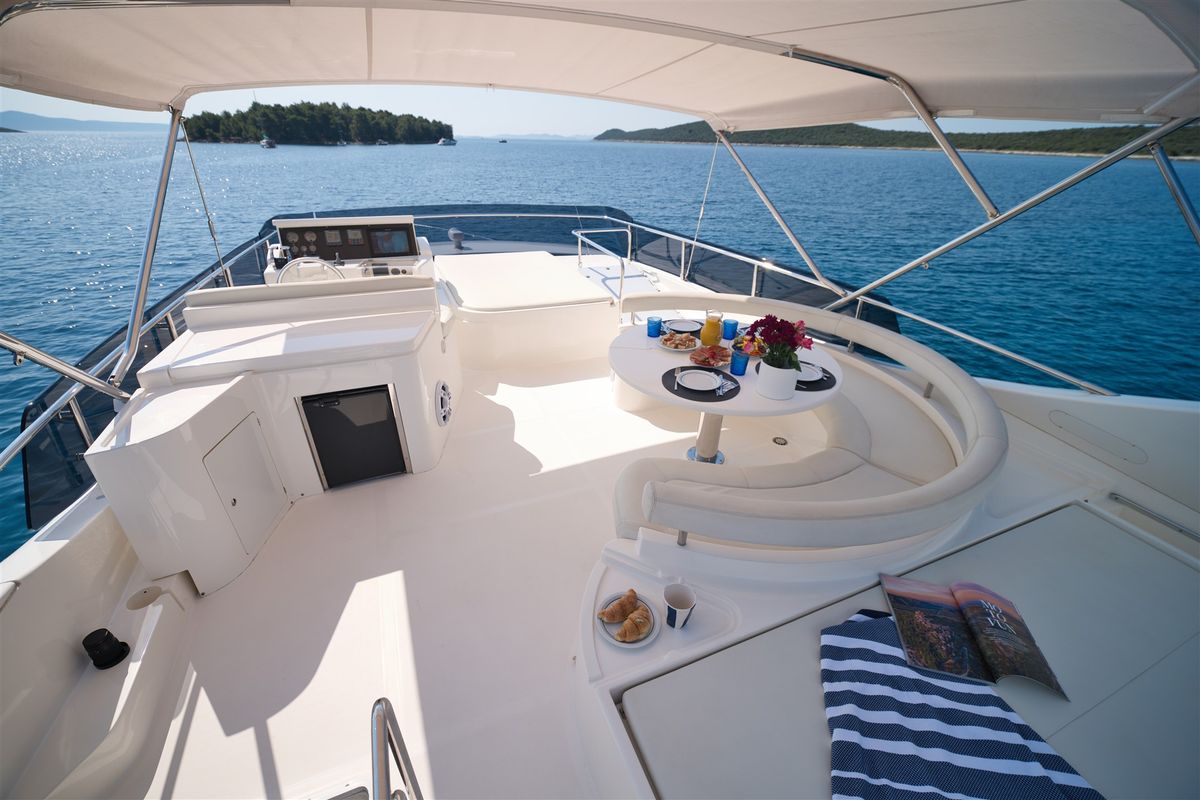 Deck of Dominique, a Ferretti 681 yacht at Zadar, Croatia