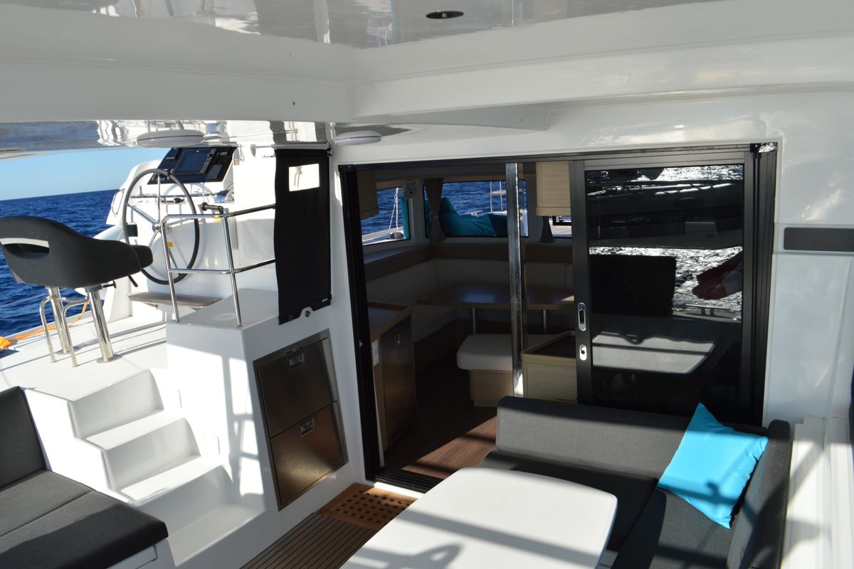 Deck of Odissea, a Lagoon 42 catamaran at Simpson Bay, Sint Maarten