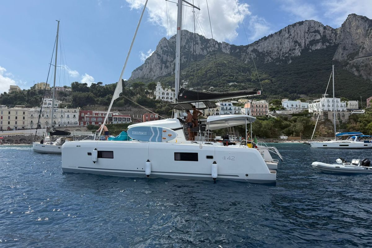 Salon of Odissea, a Lagoon 42 catamaran at Simpson Bay, Sint Maarten