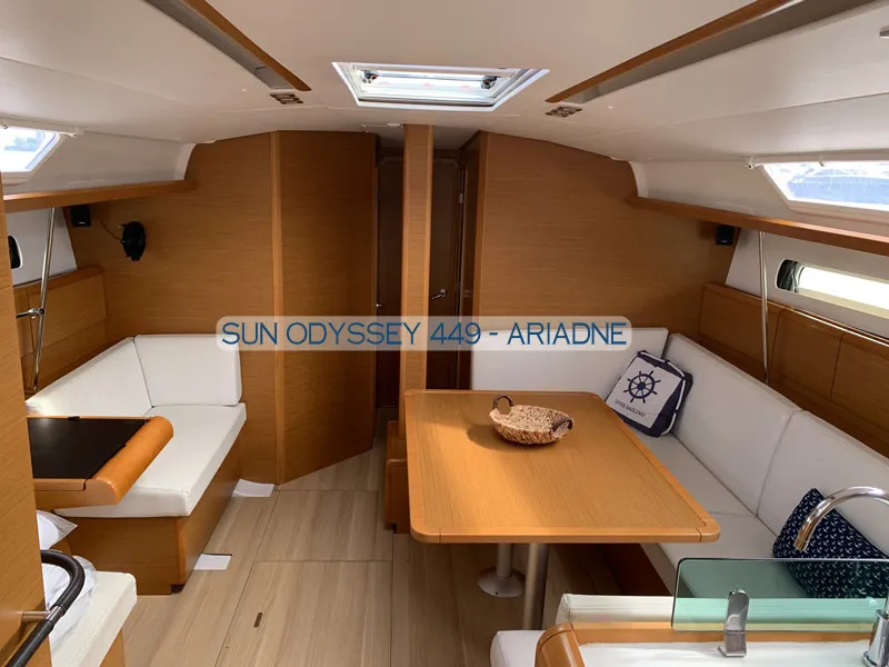 Salon of Ariadne, a Jeanneau Sun Odyssey 449 sailboat at Kontokali, Greece