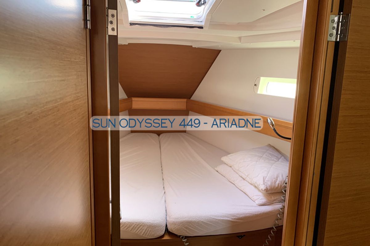 Cabin on Ariadne, a Jeanneau Sun Odyssey 449 sailboat at Kontokali, Greece