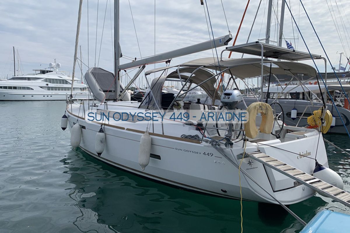 Exterior view of Ariadne, a Jeanneau Sun Odyssey 449 sailboat at Kontokali, Greece