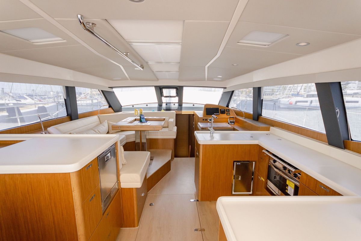 Salon of Adventuro, a Hanse Yachts Moody 54 DS sailboat at Palma de Mallorca, Spain