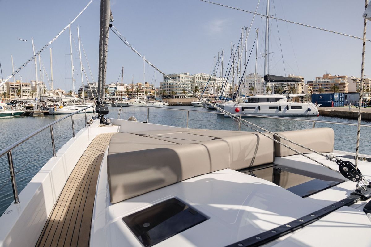 Deck of Adventuro, a Hanse Yachts Moody 54 DS sailboat at Palma de Mallorca, Spain