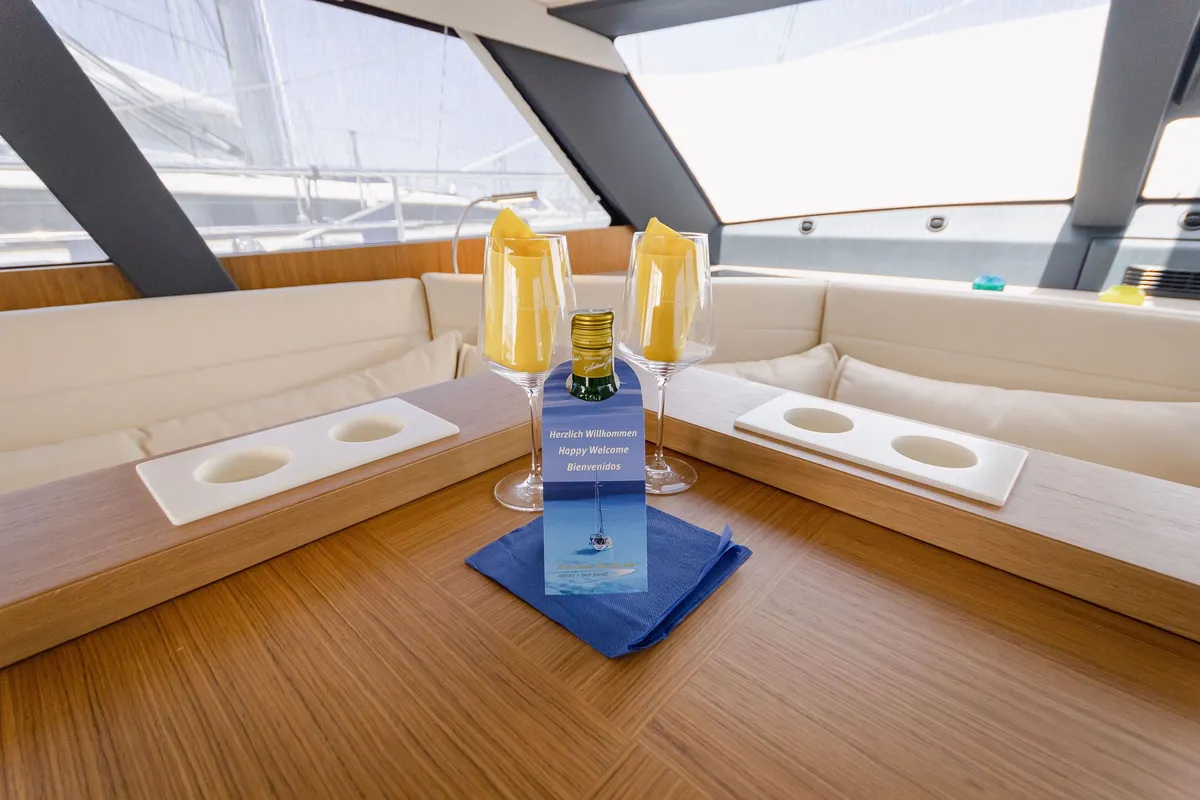 Salon of Adventuro, a Hanse Yachts Moody 54 DS sailboat at Palma de Mallorca, Spain