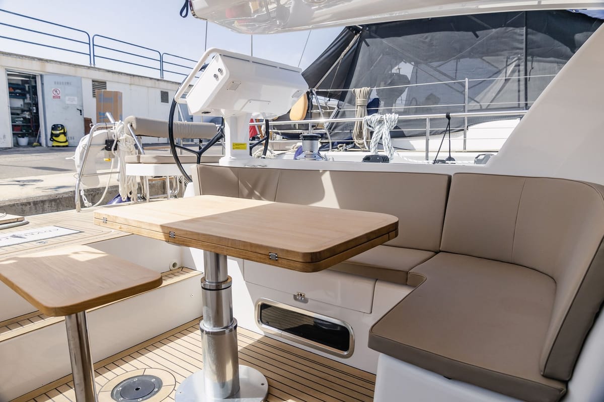 Deck of Adventuro, a Hanse Yachts Moody 54 DS sailboat at Palma de Mallorca, Spain