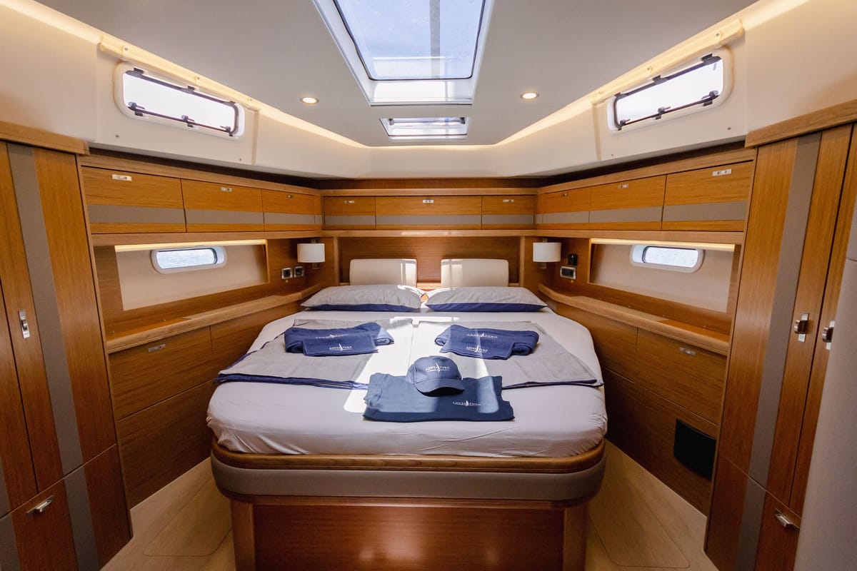 Cabin on Adventuro, a Hanse Yachts Moody 54 DS sailboat at Palma de Mallorca, Spain