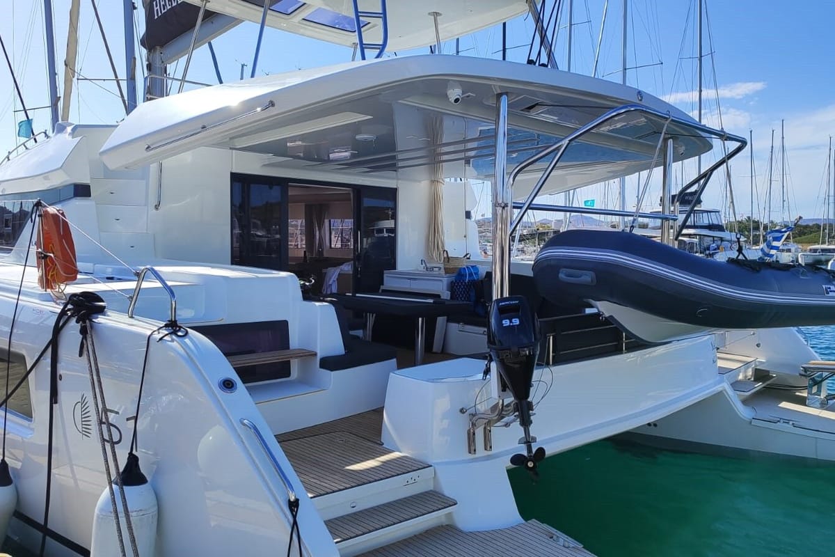 Exterior view of Naf, a Lagoon 51 catamaran at Lavreotiki Municipal Unit, Greece
