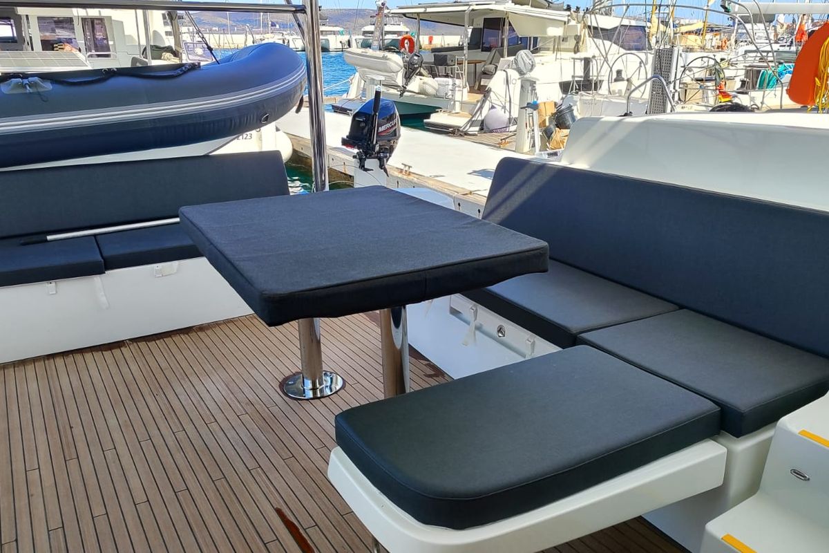 Cockpit of Naf, a Lagoon 51 catamaran at Lavreotiki Municipal Unit, Greece