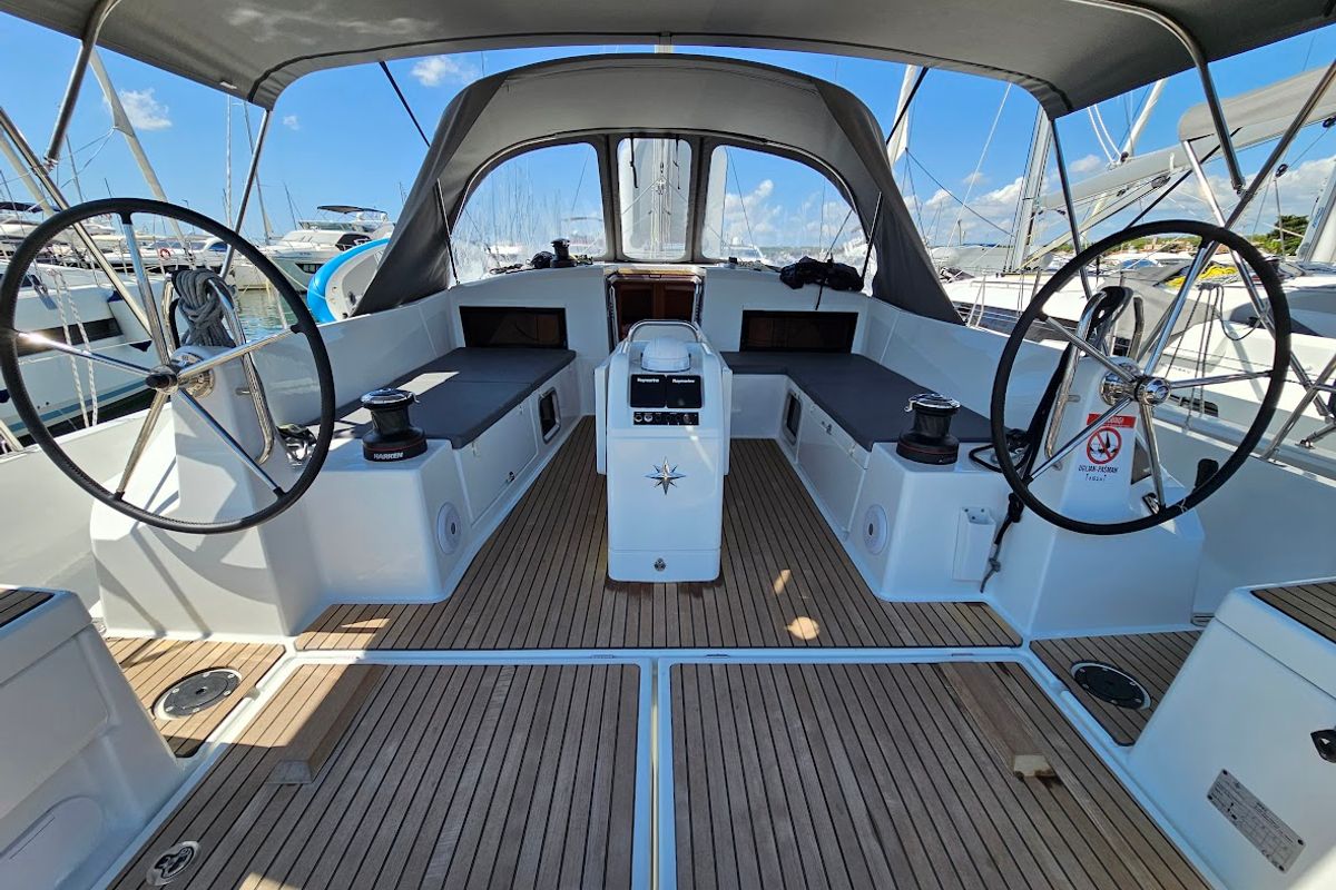 Cockpit of Luna, a Jeanneau Sun Odyssey 490 sailboat at Grad Biograd na Moru, Croatia